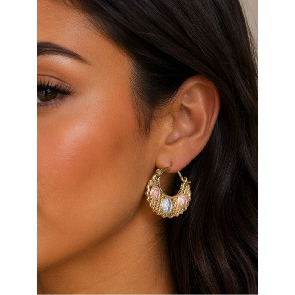 Gold Tri-Tone Medallion Hoop Earrings - Women Jewelry R 539